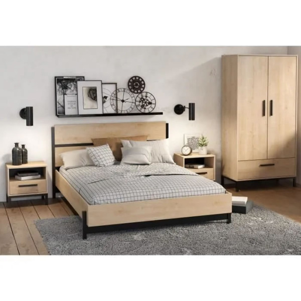 Ensemble lit adulte CRAFT 140x190/200 cm - 2 chevets + armoire - Mélaminé - Décor chêne Hamilton - DEMEYERE